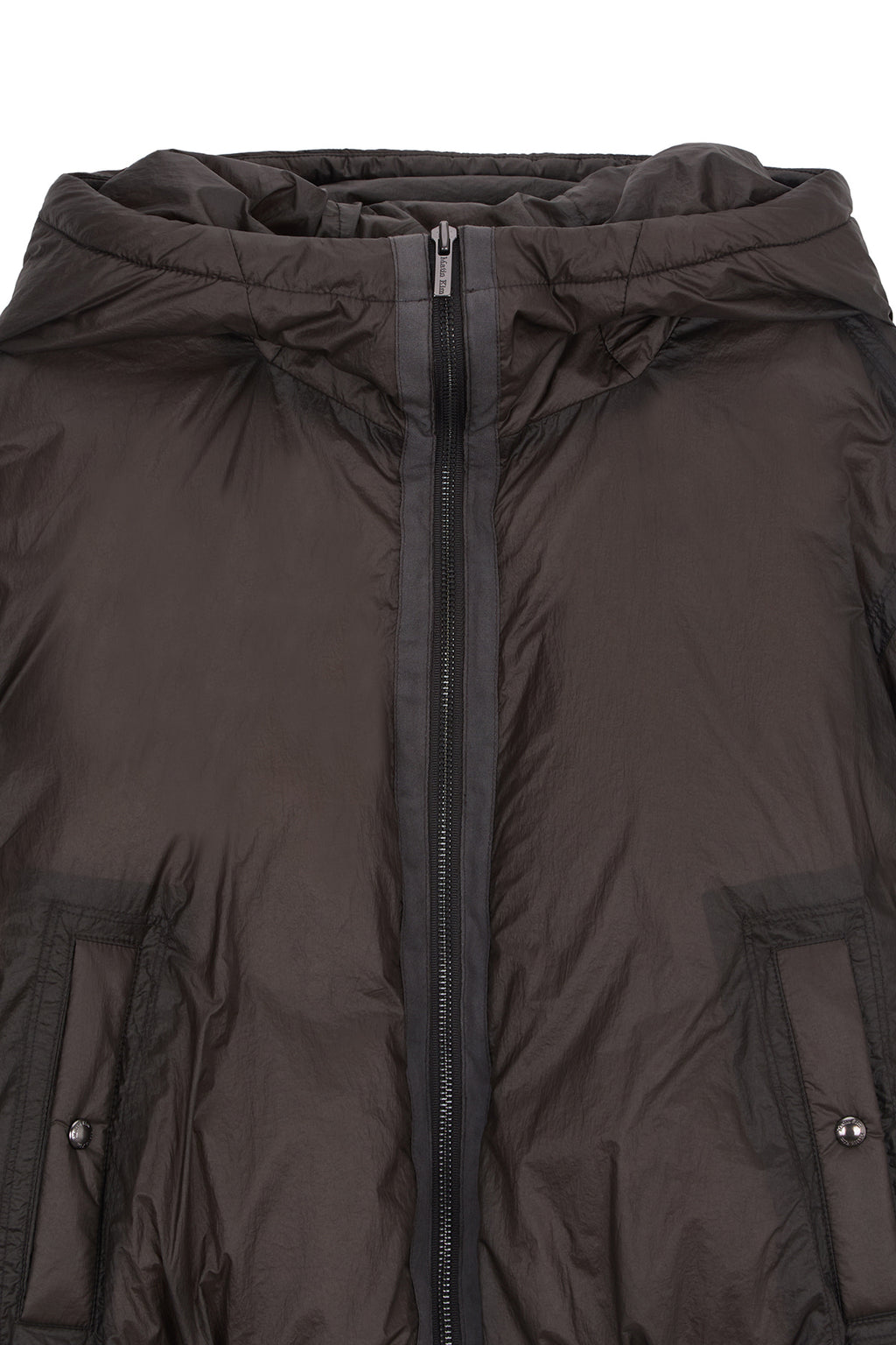 [matinkim] BACK LOGO HOODY SHORT DOWN JUMPER IN CHARCOAL