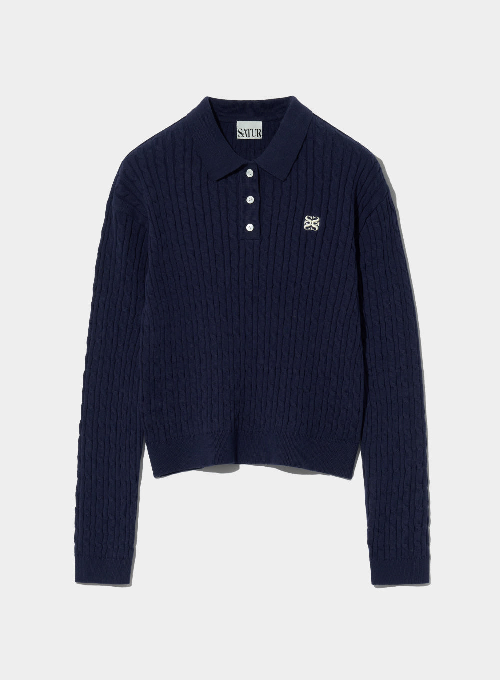 [satur] (W) Winsome Basic Cable Collar Knit - Breeze Navy