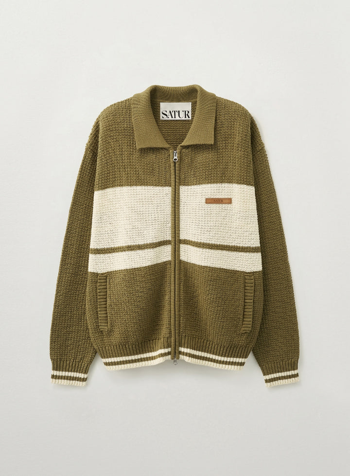 Satur Color Block Knit Zip-up - Olive Green