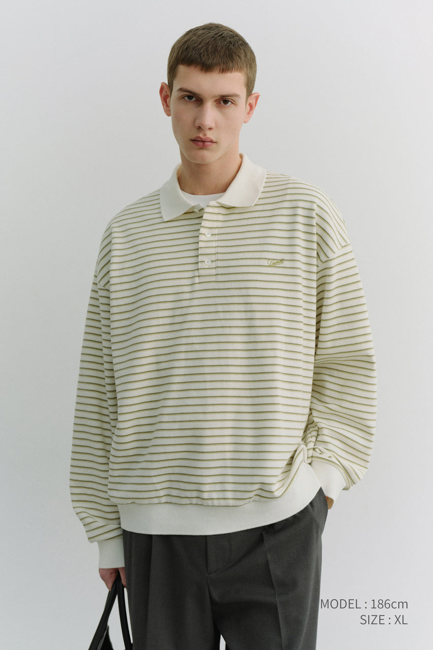 Dunst Unisex Striped Logo Collared T-Shirt Olive Stripe
