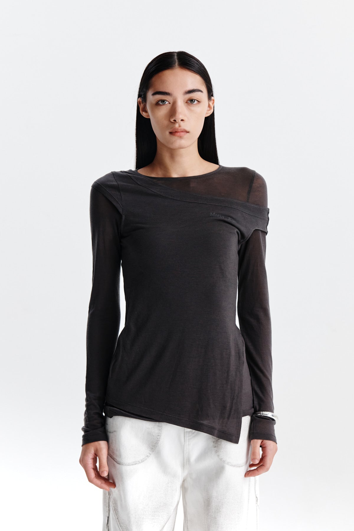 [matinkim] SLIT POINT SLEEVELESS LAYERED TOP IN CHARCOAL