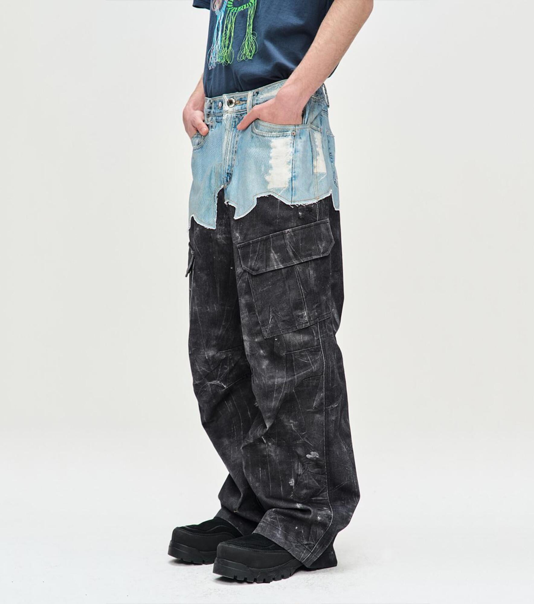 Andersson Bell Faux-Denim & Scratch Leather Printed Cargo-Pants