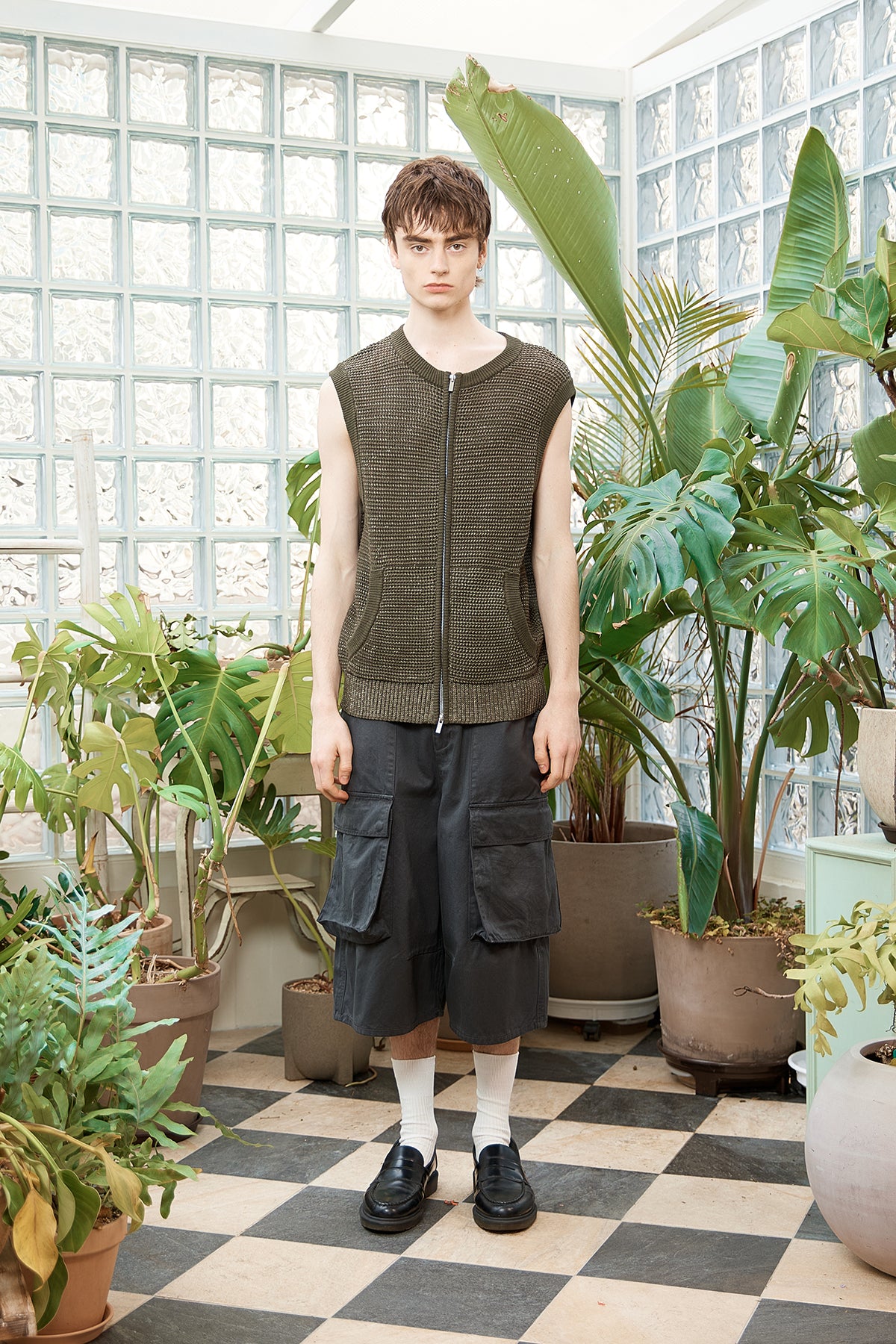 [matinkim] TWO TONE MESH KNIT VEST FOR MEN IN KHAKI