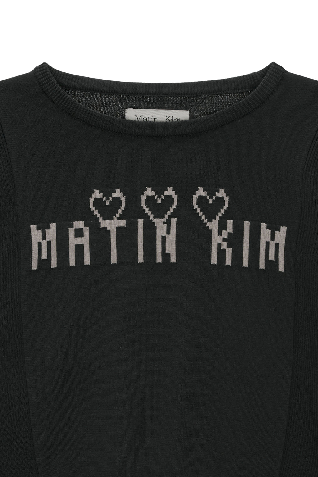 [matinkim] LOGO POINT JACQUARD KNIT CROP TOP IN CHARCOAL
