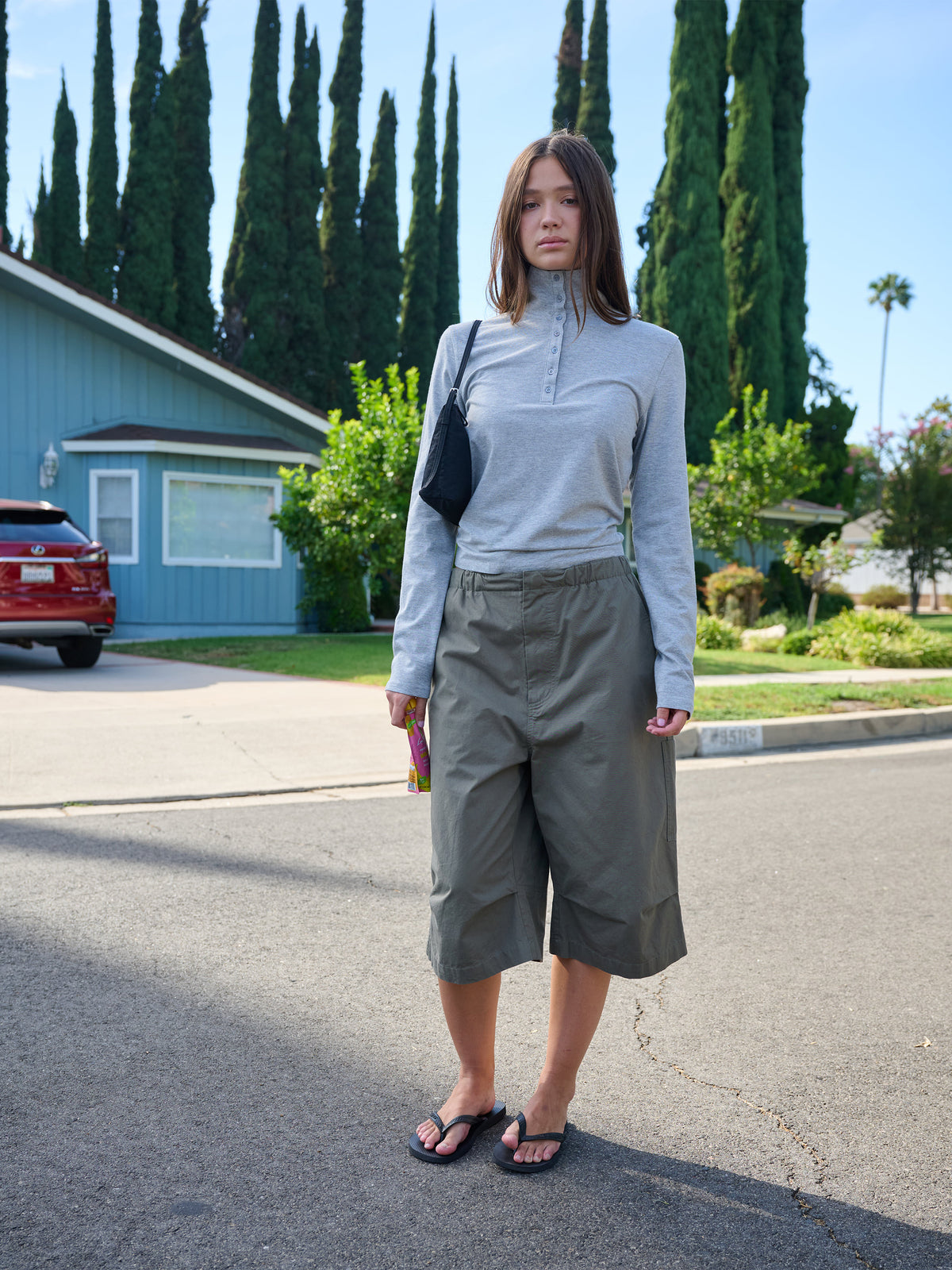 Low Classic Buttoned High-Neck Tee Melange Grey