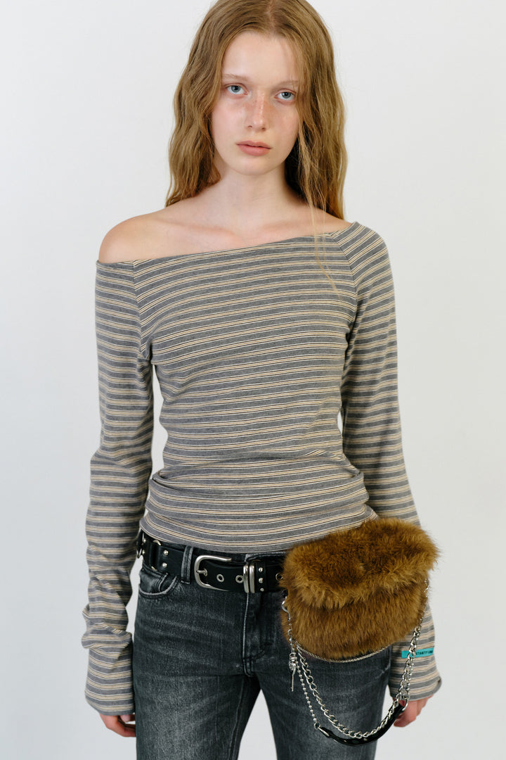 Instantfunk Stripe Off Shoulder Neck Tee - Grey