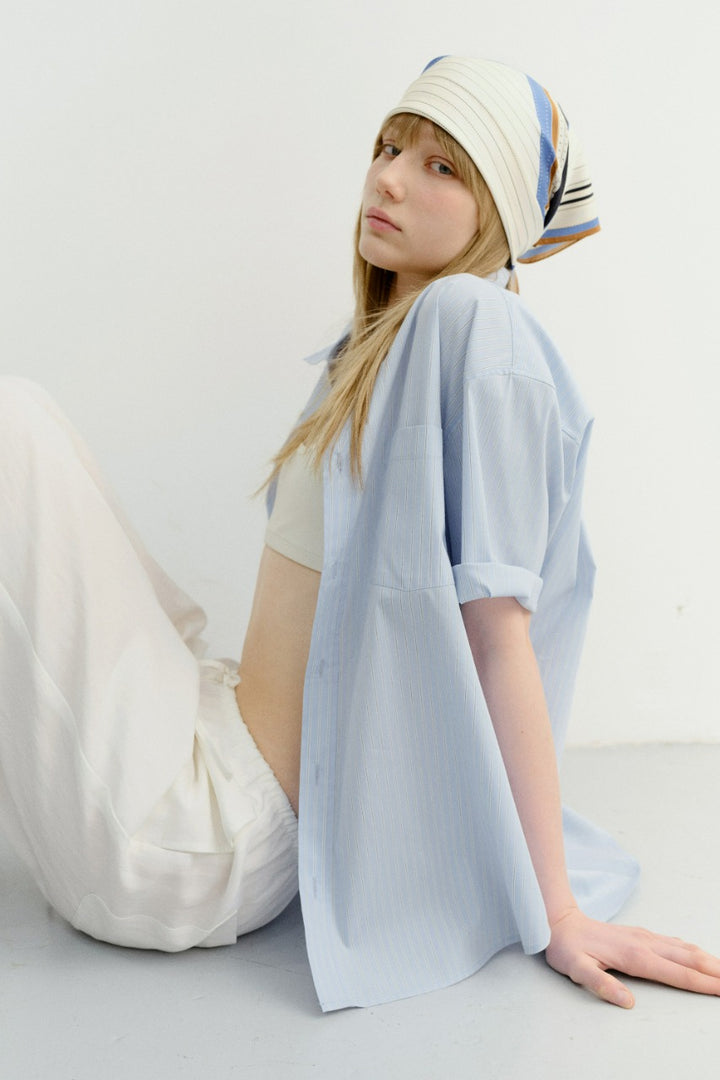 Dunst Unisex Oversized Half Sleeve Striped Shirt Soft Blue Stripe