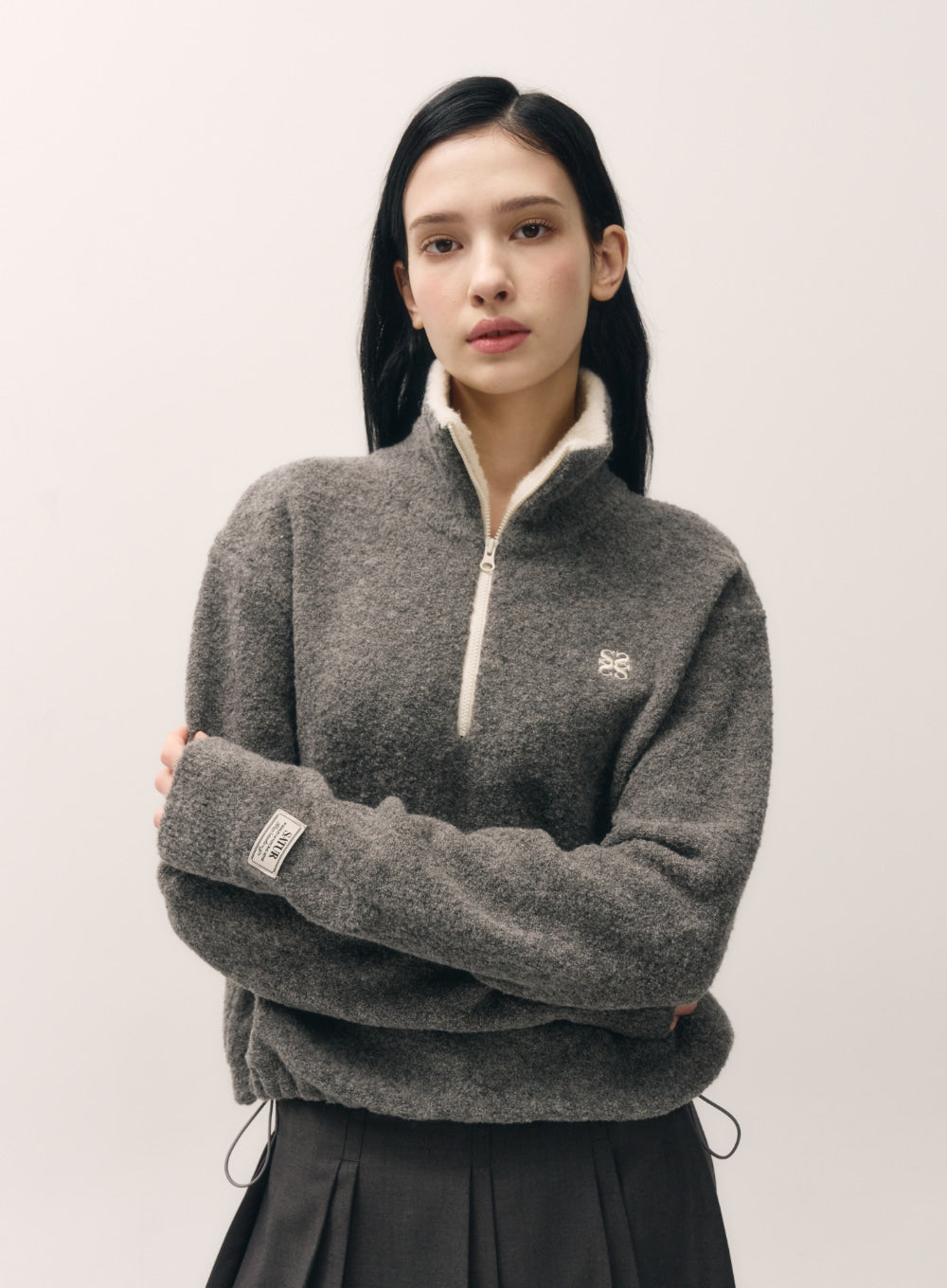 [satur] (W) Crop Half Neck Fleece Knit Zip-up - Gray