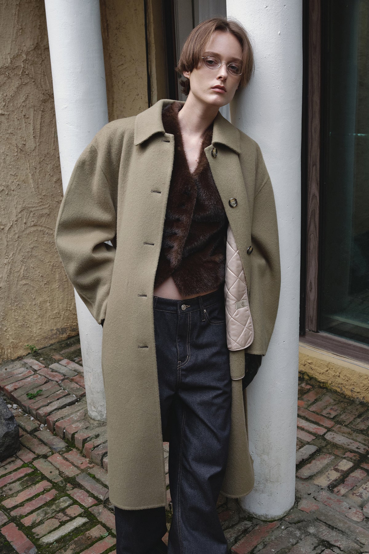 Overdueflair Quilted Lining Handmade Alpaca Coat Olive Beige