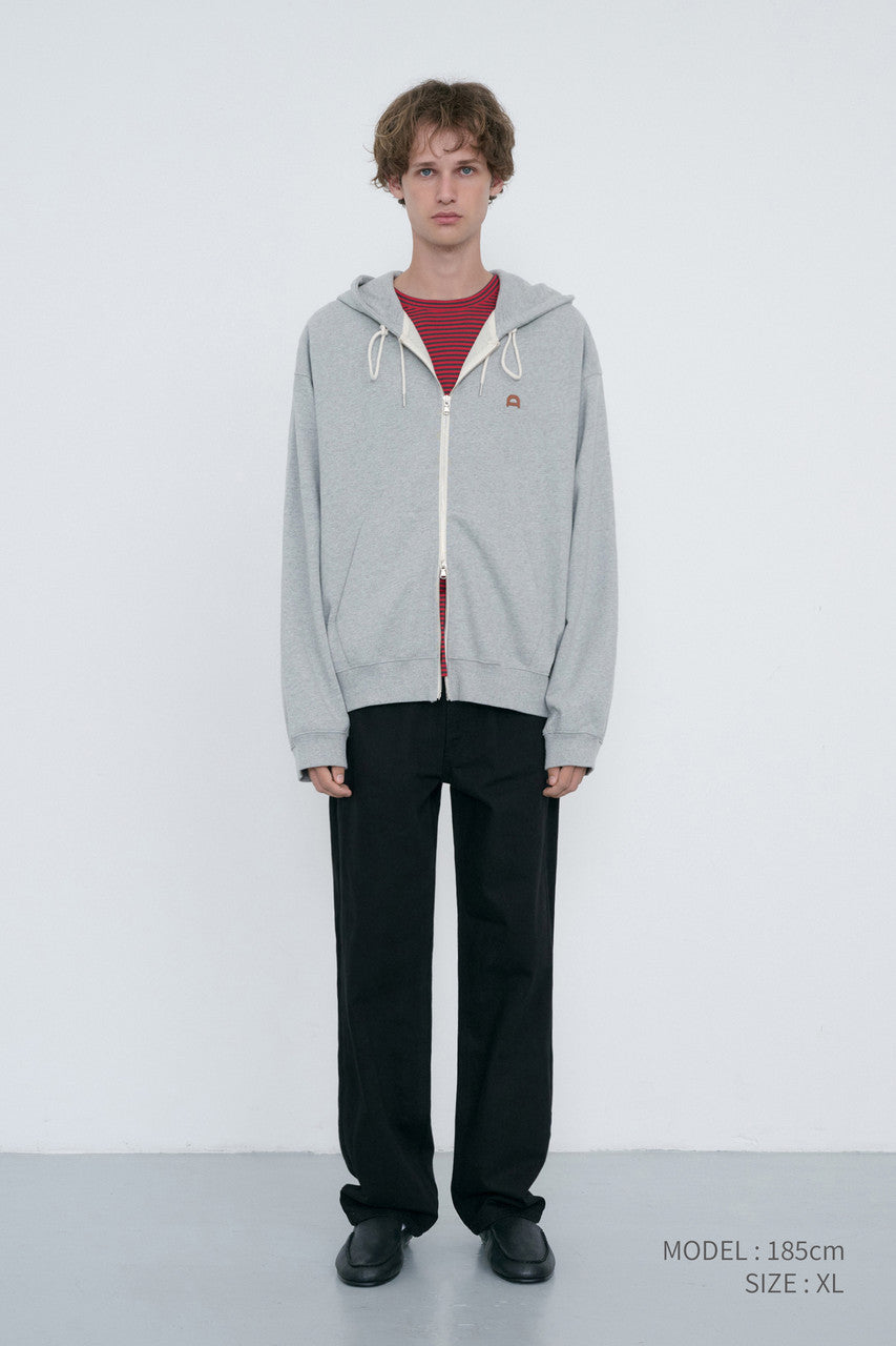 Dunst Unisex Leather Logo Zip-Up Hoodie Melange Grey