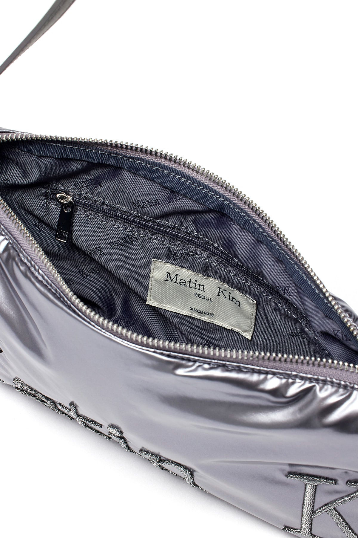 [matinkim] GLOSSY LOGO STITCH MINI SHOULDER BAG IN SILVER