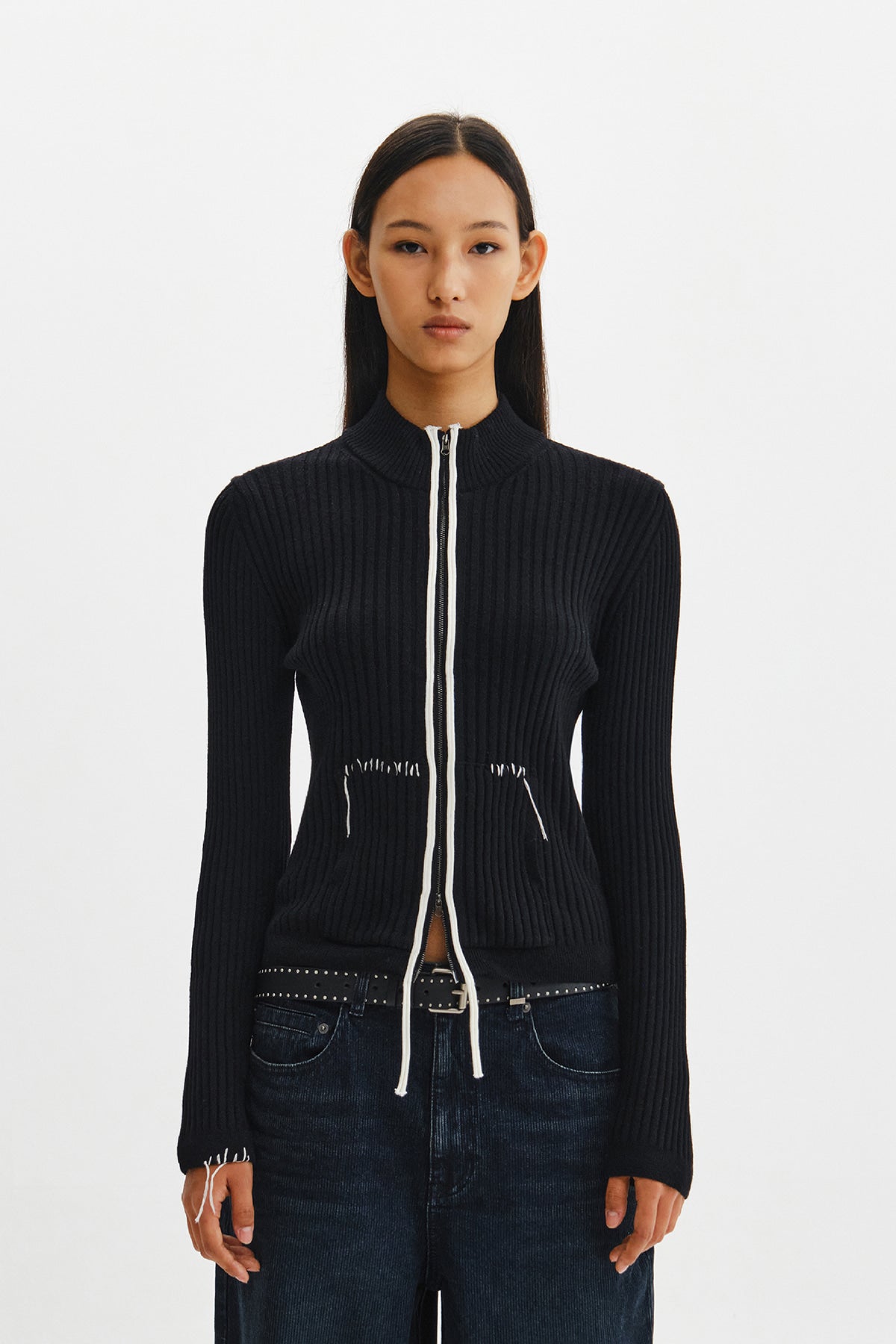Matinkim Hand Stitch Slim Fit Knit Zip UP IN Black