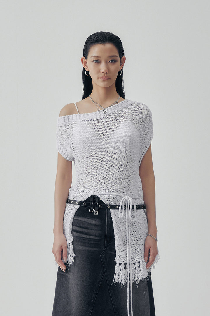 Treemingbird Slit Tassel Knit White
