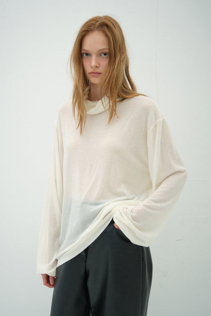 Overdueflair Loose Fit Wool Tencel Turtleneck T-Shirt Ivory