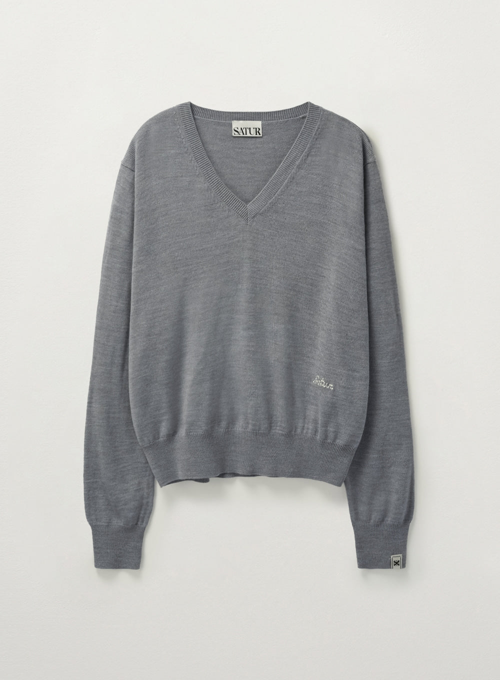 [satur] (W) V-Neck Fine Wool Knit - Melange Gray