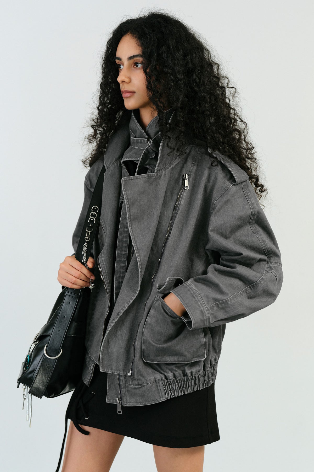 Instantfunk Layered Collar Rider Jacket - Grey