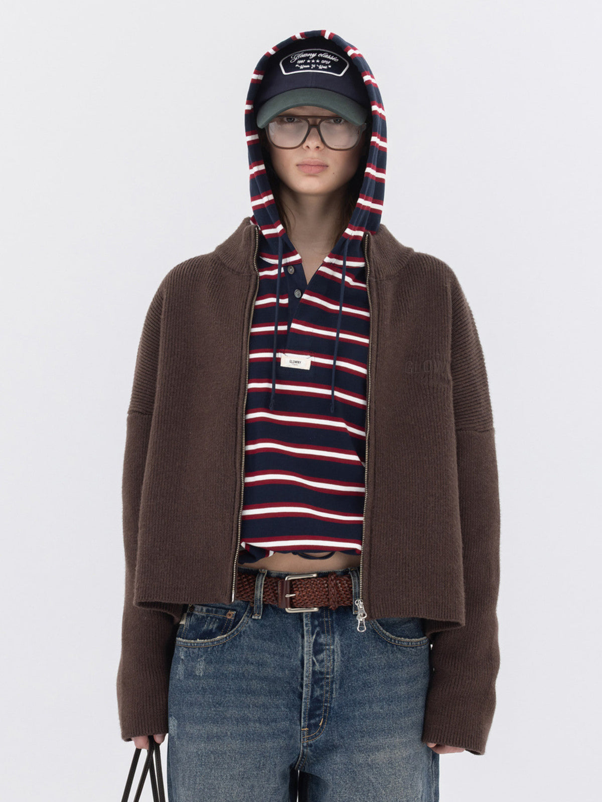 GLOWNY G Half Neck Knit Zip Up (Brown)
