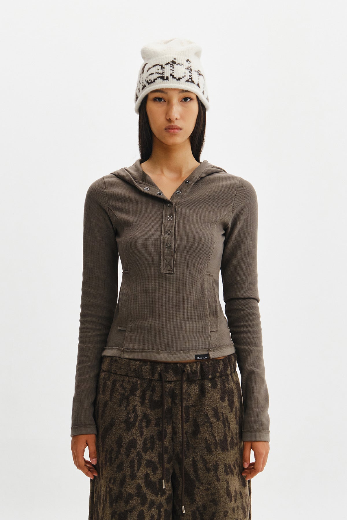 Matinkim Waffle Henley Neck Hood Top IN Khaki