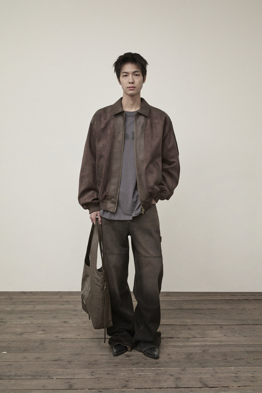 [matinkim] SUEDE MIX LEATHER ZIP UP JUMPER FOR MEN IN BROWN