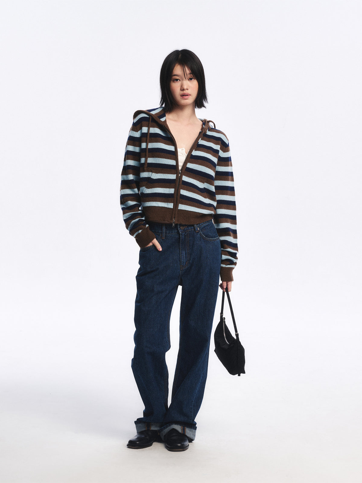 Low Classic Striped Zip-Up Hoodie Sweater Brown