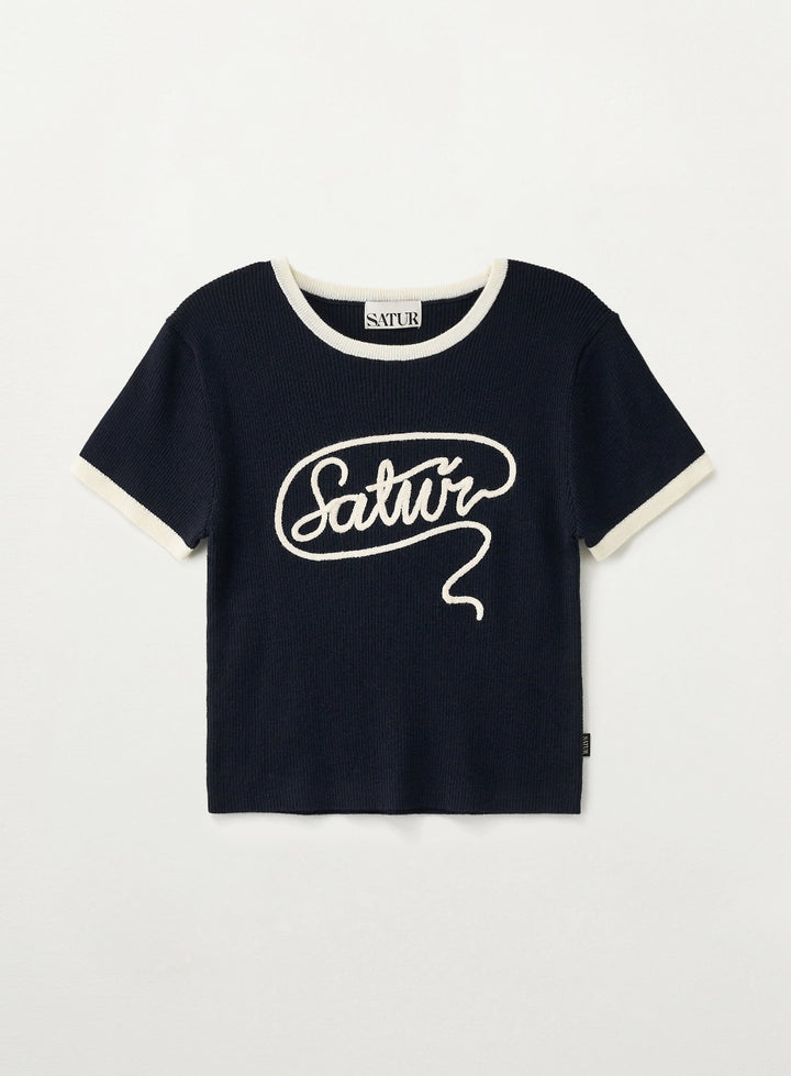 Satur (W) Rope Logo Ringer Half Knit - Navy