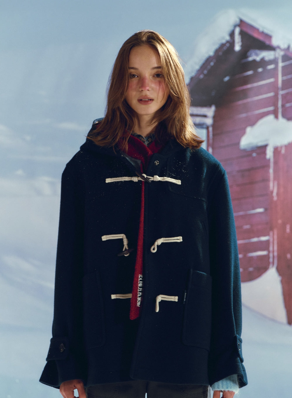 [satur] Pre-order — Ships 11/19: (W) Hooded Wool-Blend Duffle Half Coat - Navy