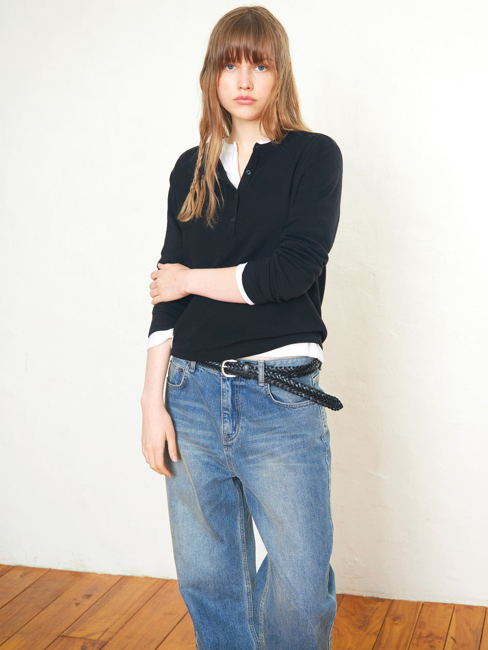 Low Classic Henry Neck Wool Jersey Warm T-Shirt - Black