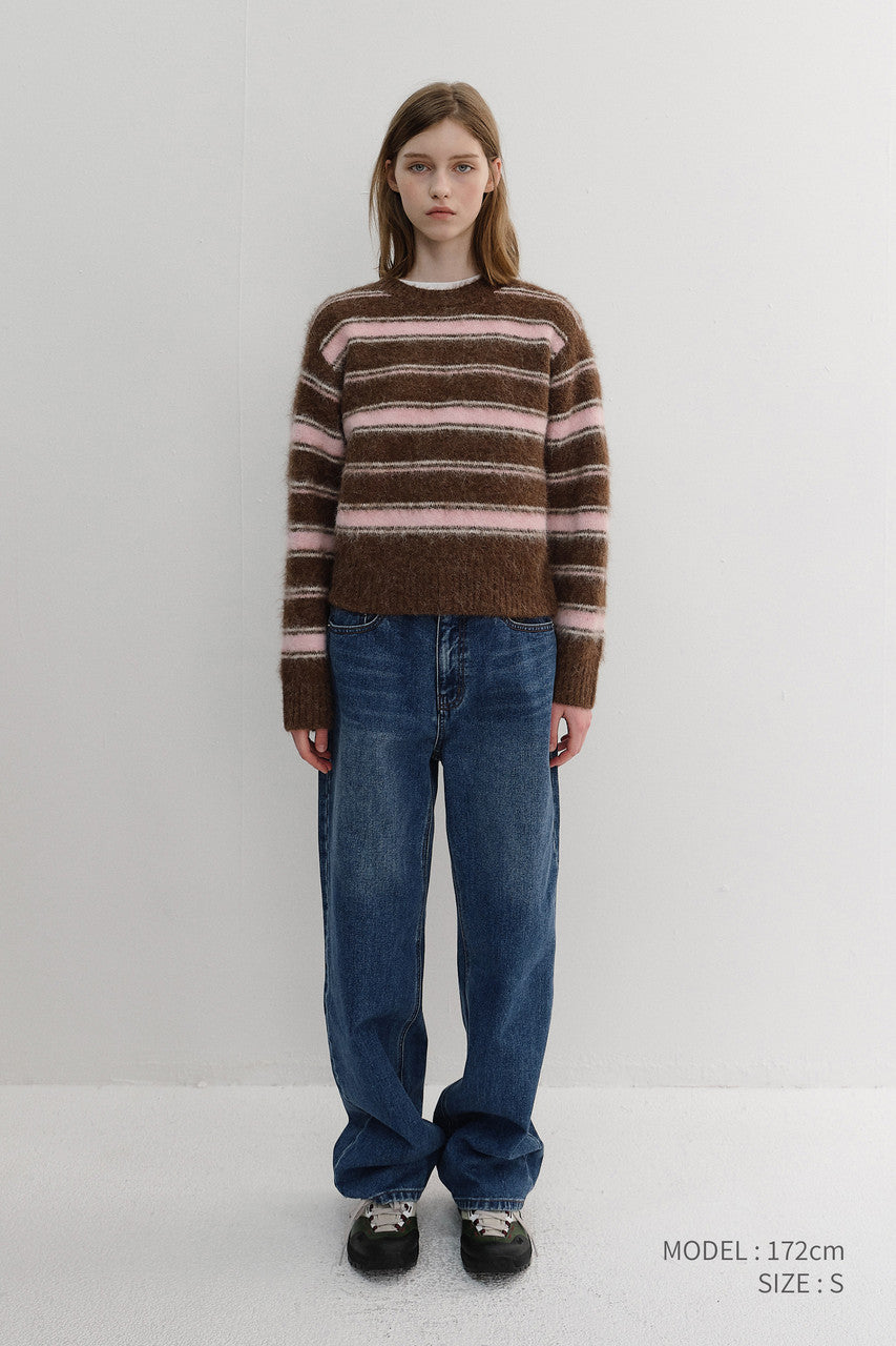Dunst Unisex Striped Hairy Sweater Brown Pink