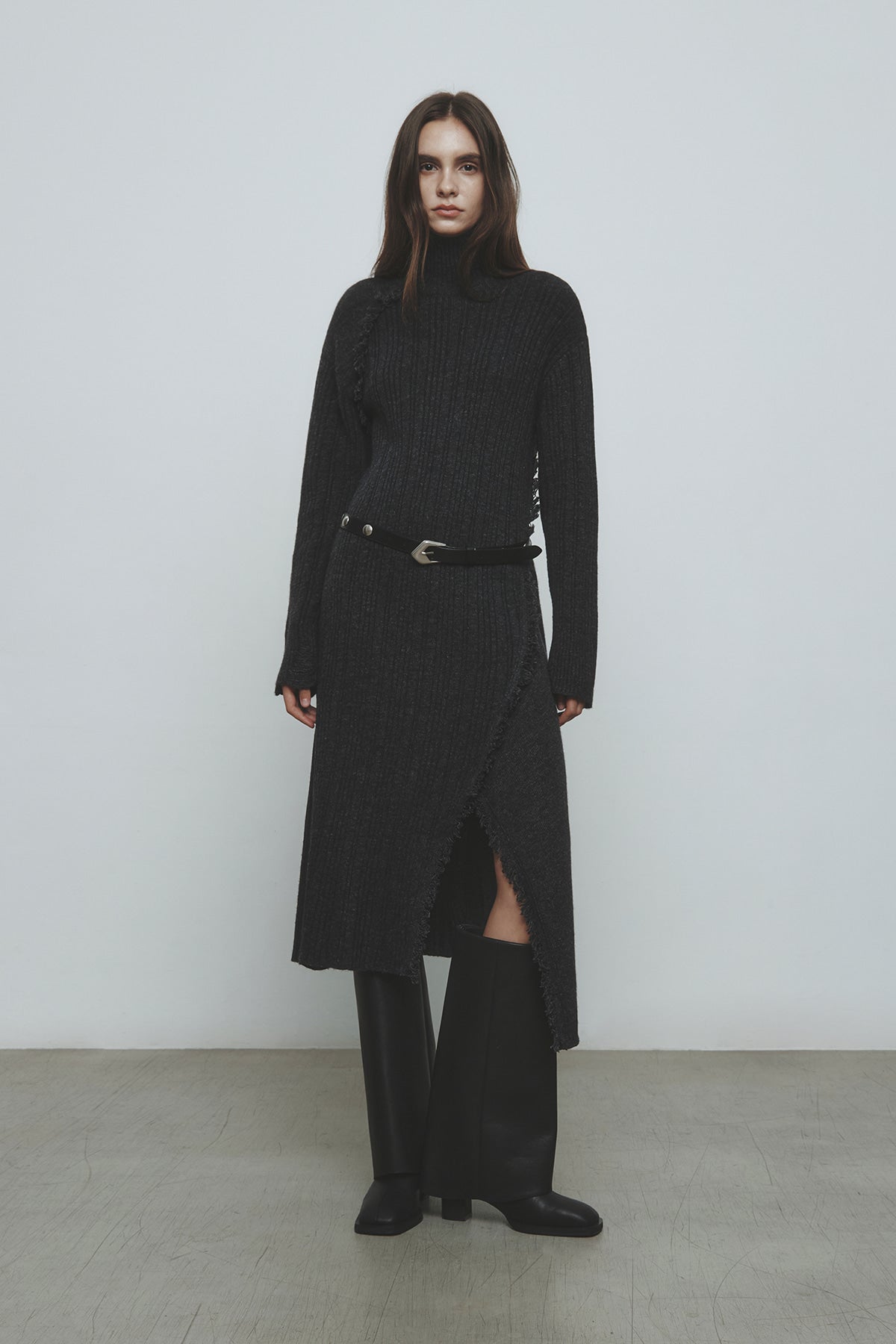 Matinkim Unbalance Fringe Knit Dress IN Charcoal