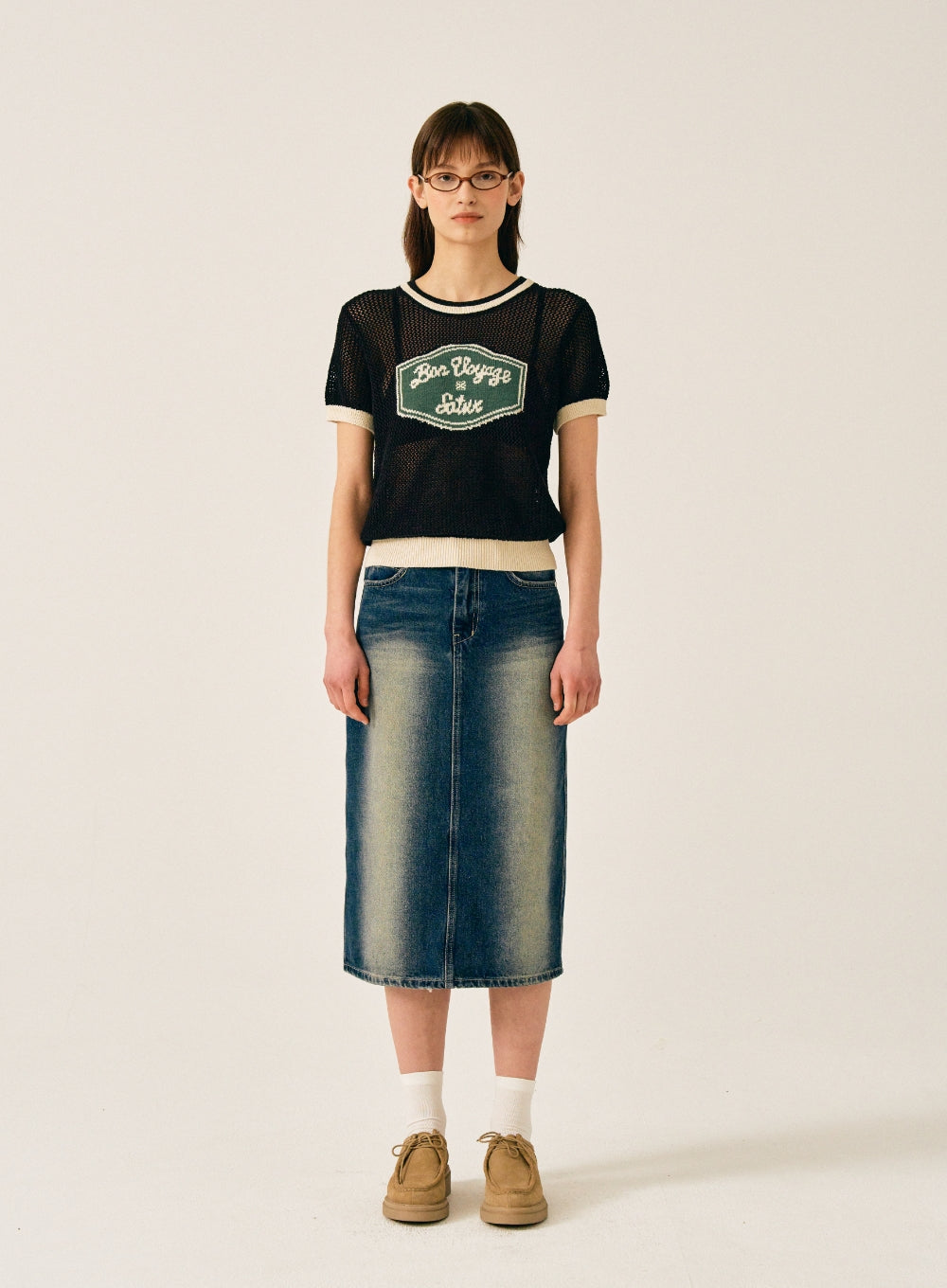 [satur] (W) Bon Voyage Artwork Logo Crew Neck Half Knit - Organic Black