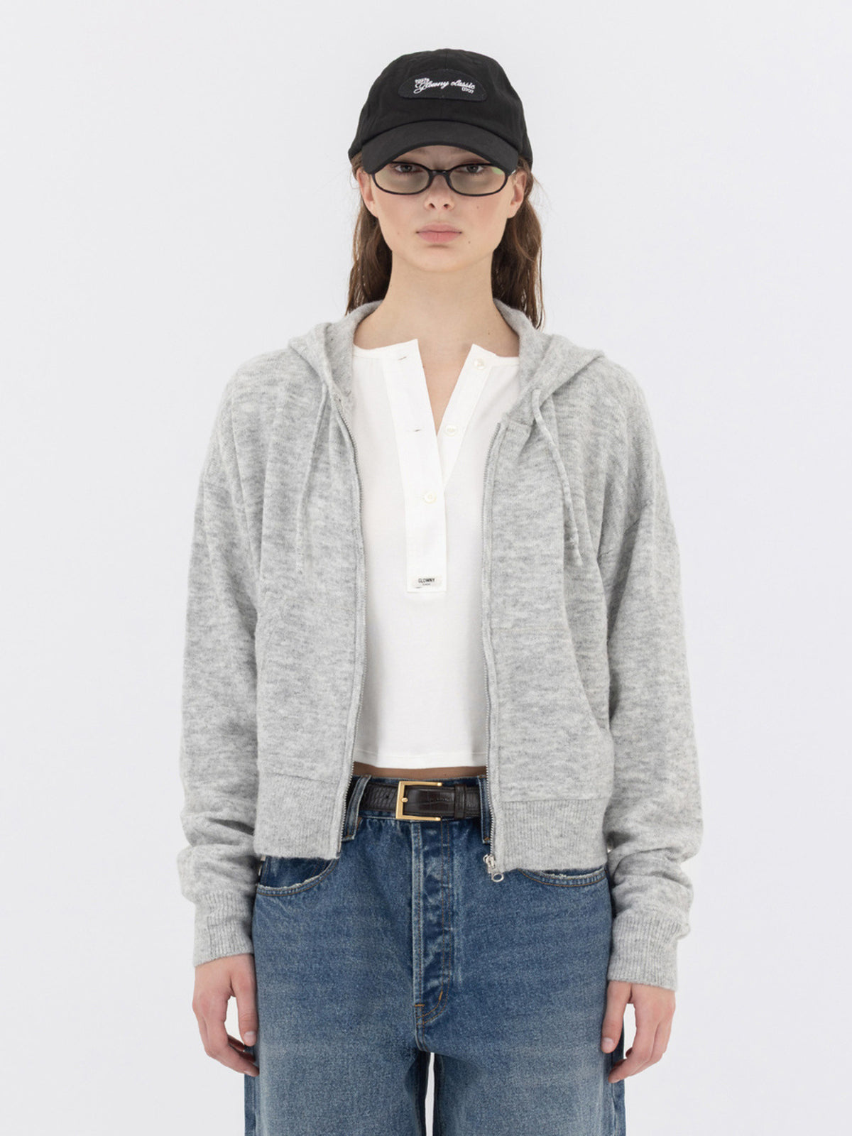 GLOWNY G Wool Knit Zip-Up Hoodie (Melange Gray)