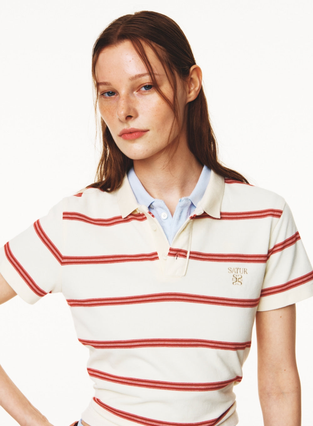 [satur] (W) Stripe Pique Polo T-Shirt - Cream
