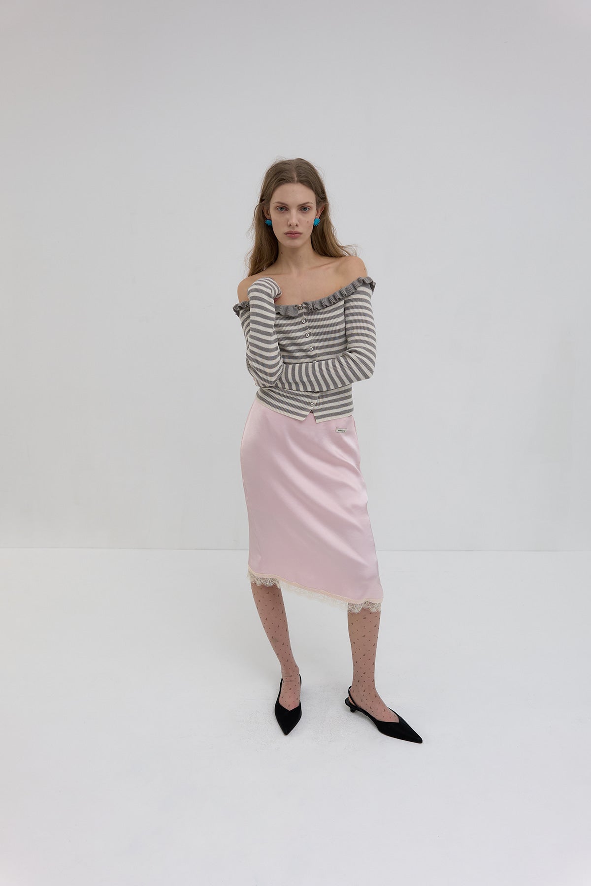 Overdueflair Off-Shoulder Frilled Stripe Cardigan Cream/Grey