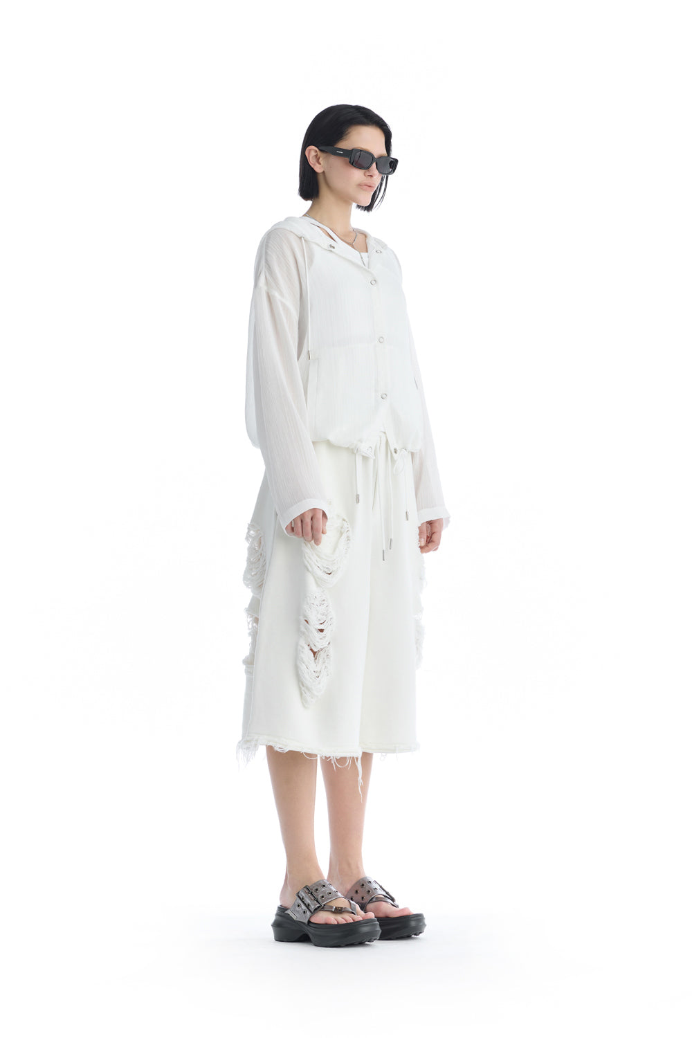 Treemingbird Sheer Hooded Snap Jacket White
