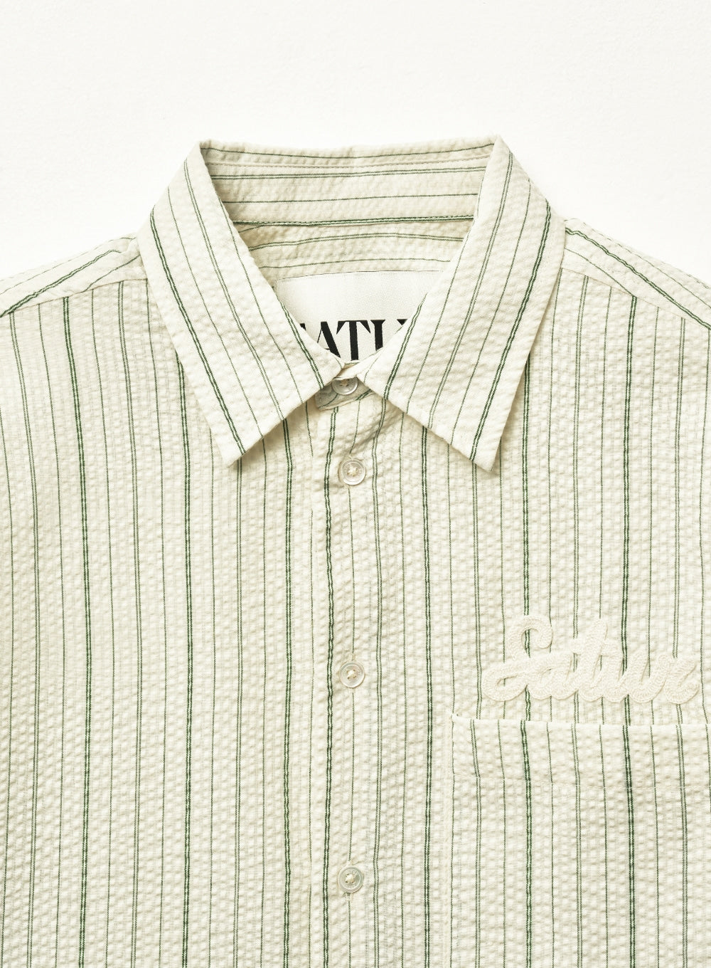 [satur] Natural Seersucker Stripe Half Shirt - Green