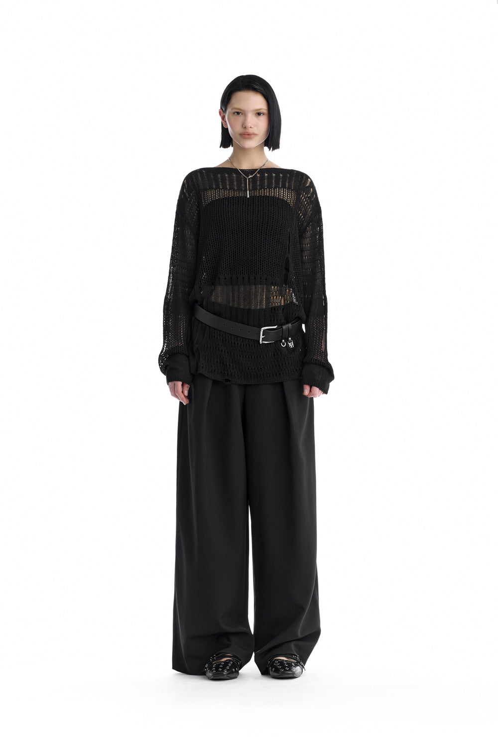 Treemingbird Cut-Out Mesh Knit Pullover Black