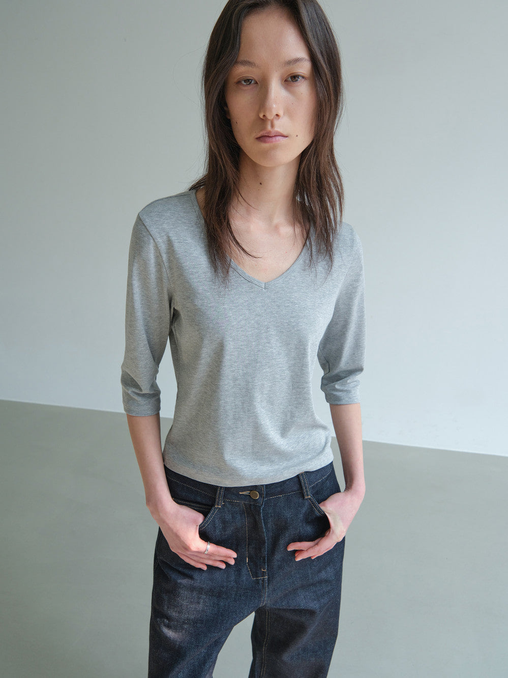Low Classic Deep V-Neck Stretchy T-Shirts Melange Grey
