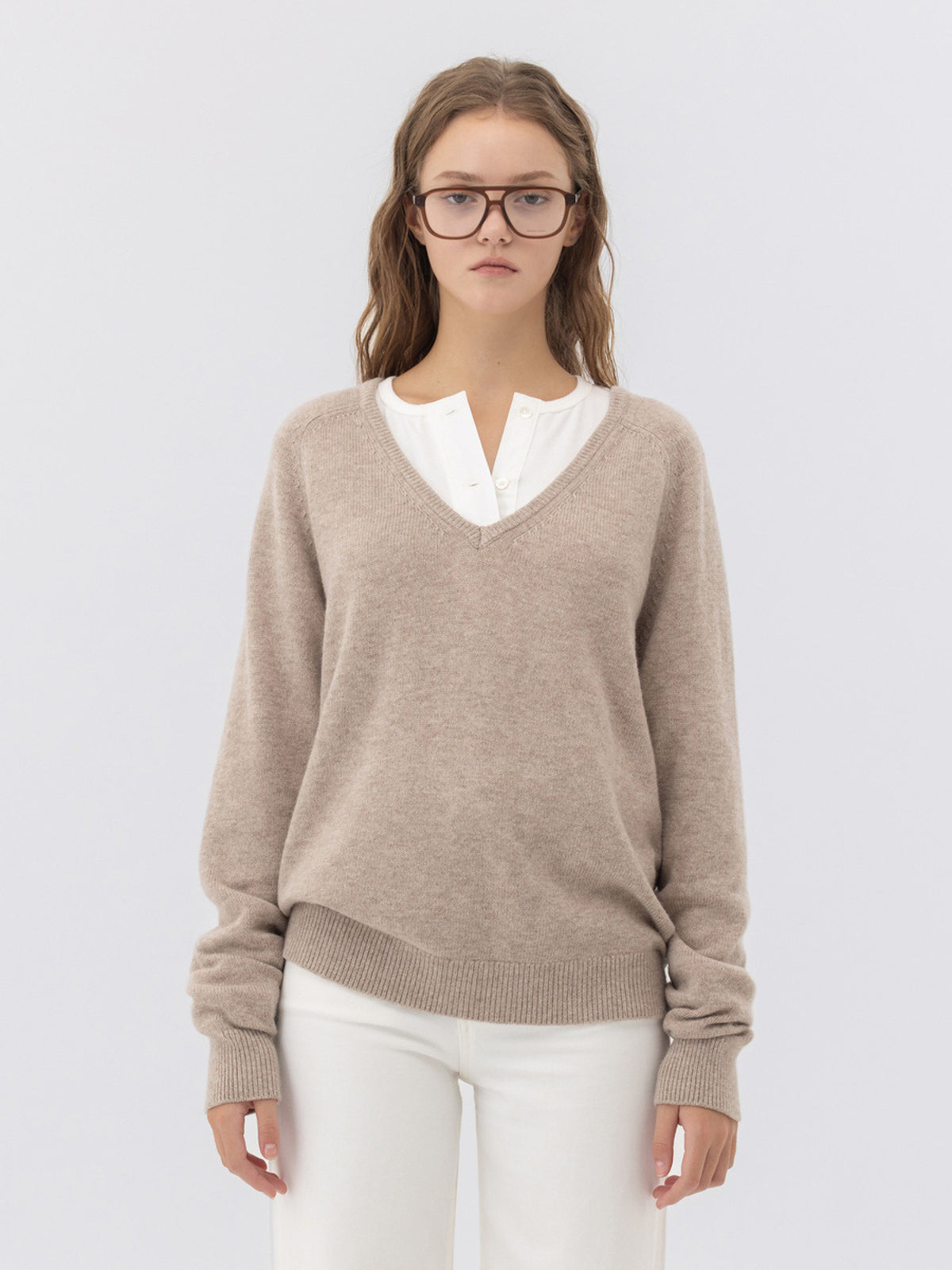 GLOWNY G Loose Deep V-Neck Knit (Oatmeal)
