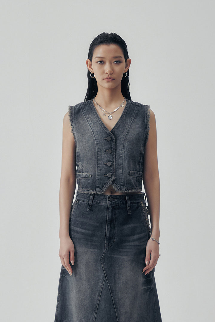 Treemingbird Vintage Frayed Denim Set-up Vest Navy