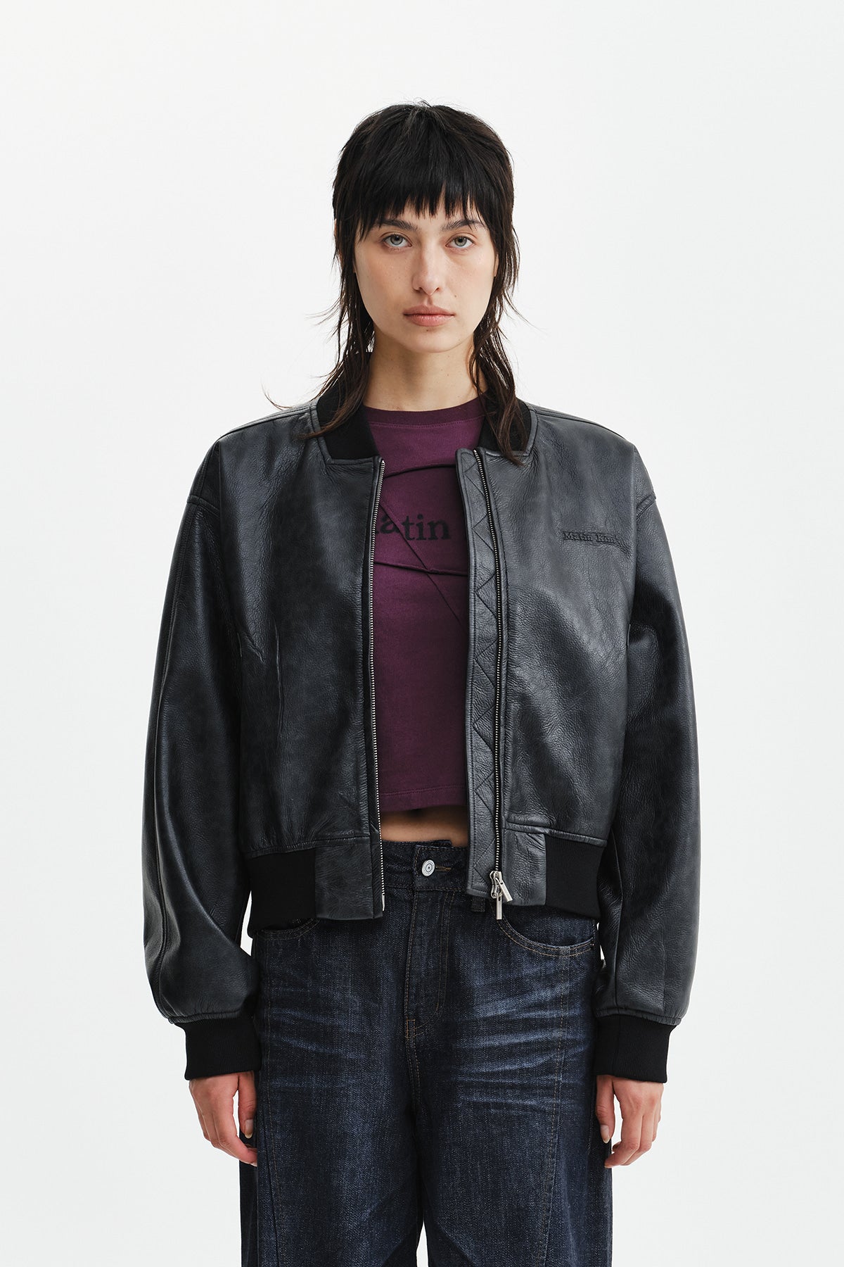 Matinkim Faux Leather Rib Collar Blouson For Women IN Black
