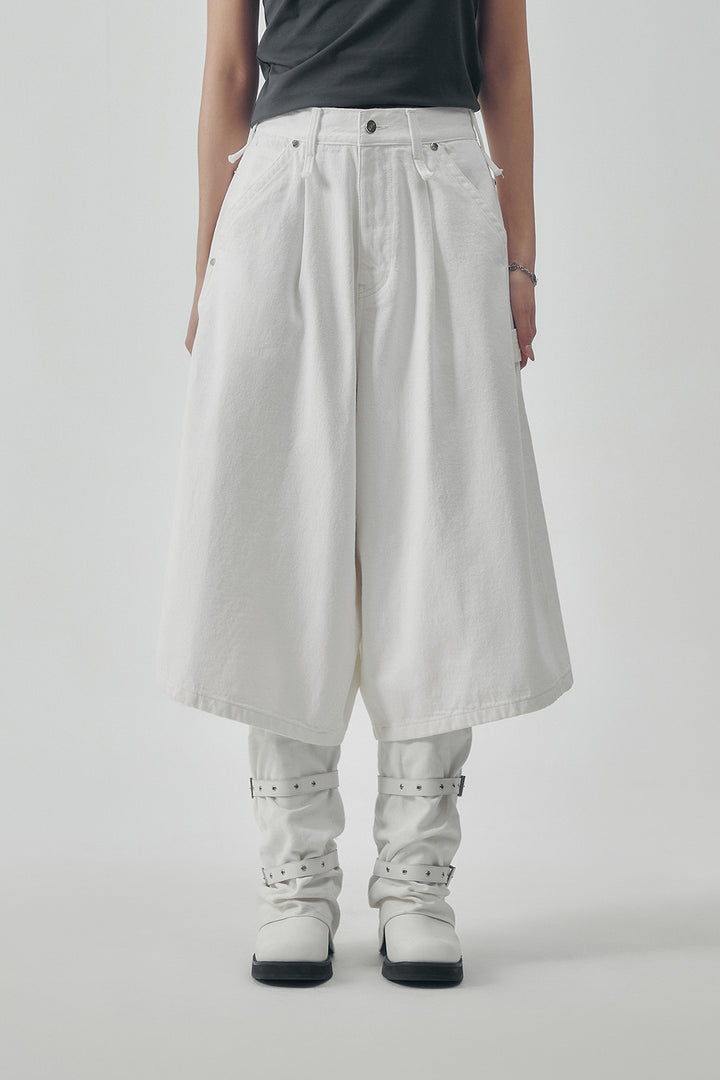 Treemingbird Carpenter-Strap Bermuda Denim Pants Ivory
