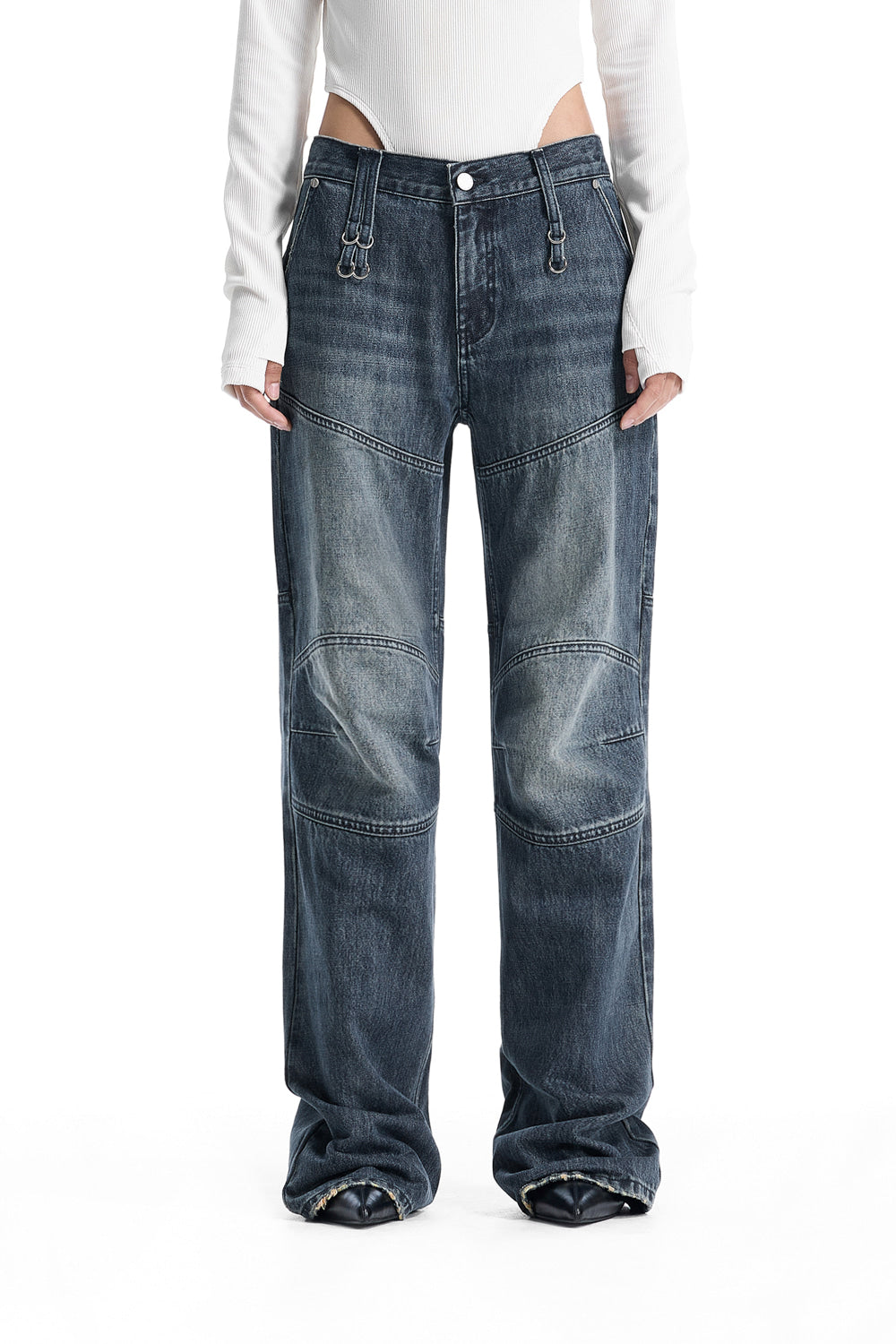 Treemingbird Low-Rise Moto Paneled Bootcut Denim Blue