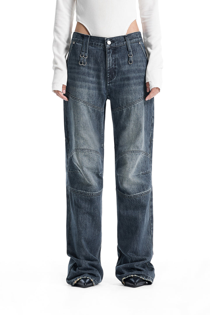 Treemingbird Low-Rise Moto Paneled Bootcut Denim Blue