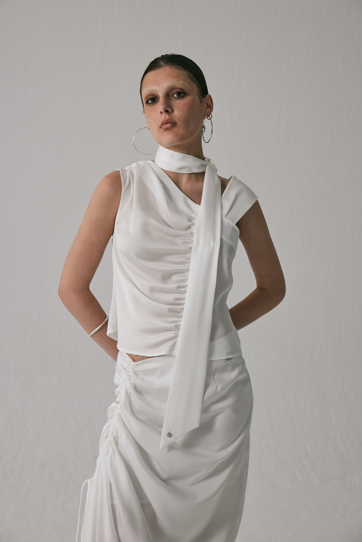 Treemingbird Tied Shirring Crop Shirts White
