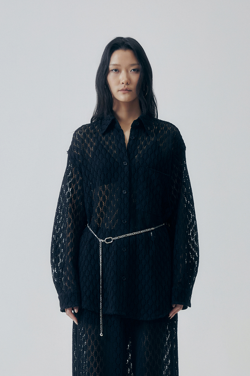 Treemingbird Lace Embellished Set-up Shirt Black