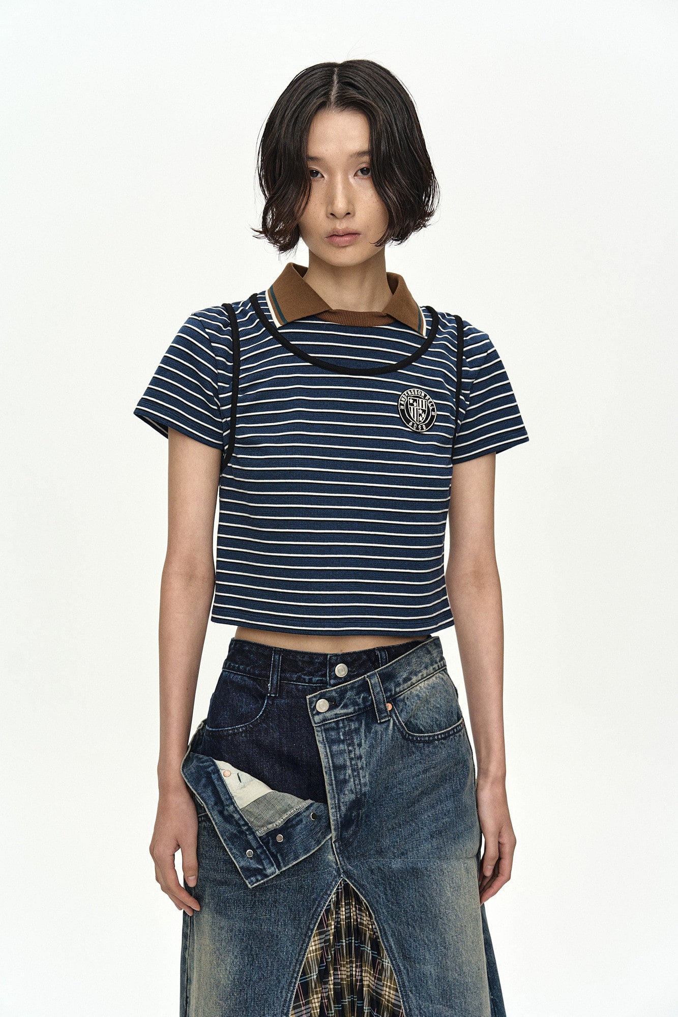 Andersson Bell Shirring Binding Stripe Collar Top