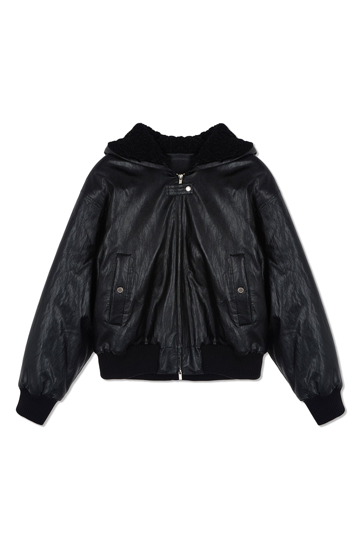 [matinkim] FAUX LEATHER ZIP UP HOODY IN BLACK