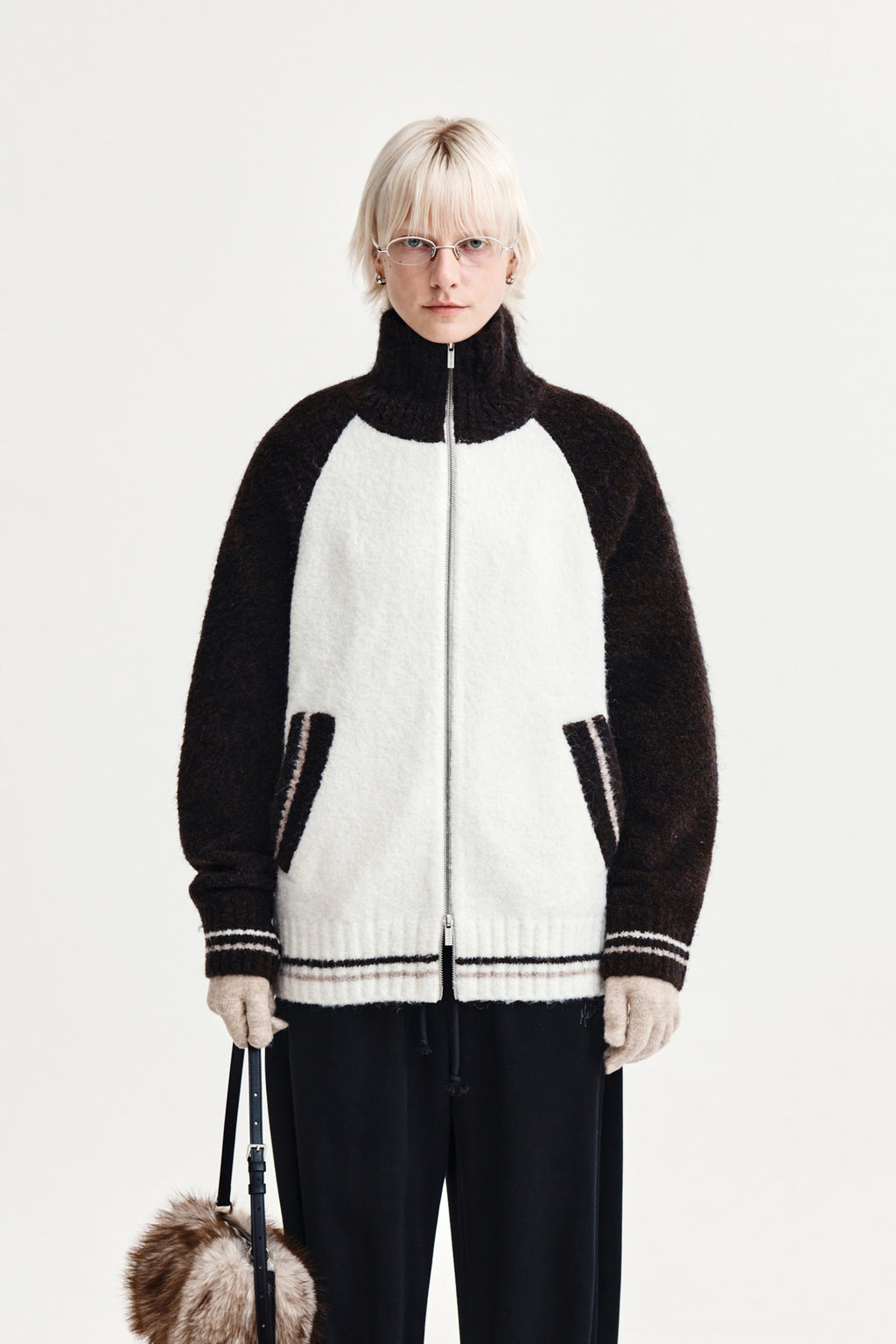 [matinkim] High Neck Raglan Knit Zip UP For Women IN Dark Brown