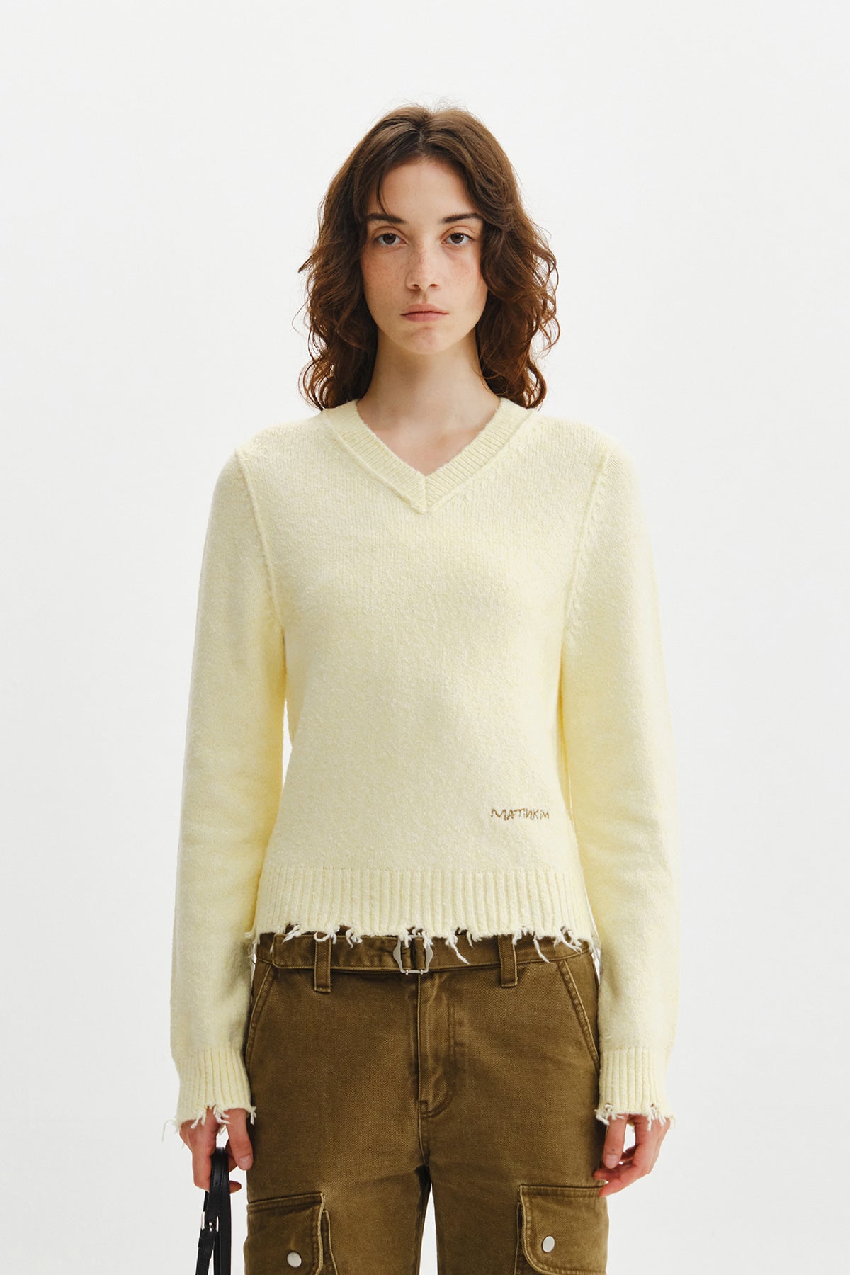 Matinkim Distressed Hem V Neck Knit Pullover IN Light Yellow