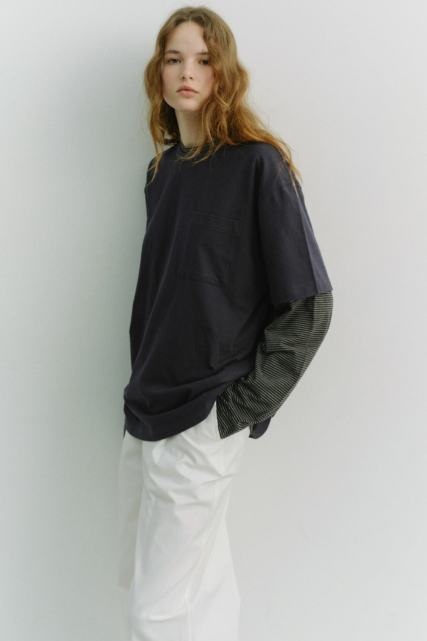 Dunst Unisex Layered Set-Up T-Shirt Navy Black Stripe